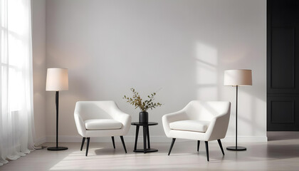 Two white chairs in a minimalist interior setting with a plain white wall and black wall sconces