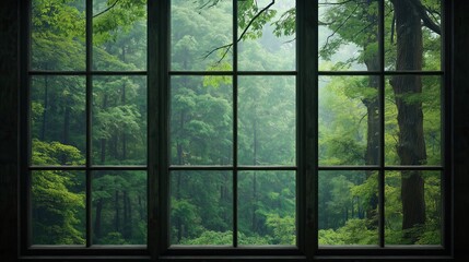 Beautiful view from the closed wooden window on the green forest and fog.