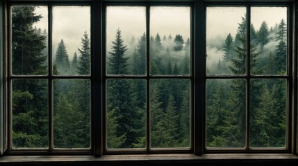 Naklejka premium Beautiful view from the closed wooden window on the gloomy forest and fog.