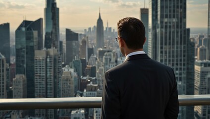Fototapeta premium Back view of a businessman looking at the city skyline from a high building.