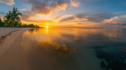 A serene beach at sunset, featuring calm waters, a sandy shore, and vibrant clouds reflecting warm hues in the sky.