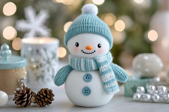 Cheerful snowman decoration brings winter joy in cozy indoor setting with soft lights