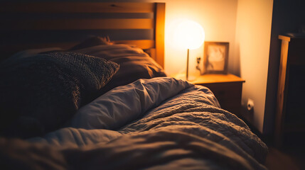 Cozy bedroom featuring a platform bed with layered bedding and warm lighting for a relaxing atmosphere