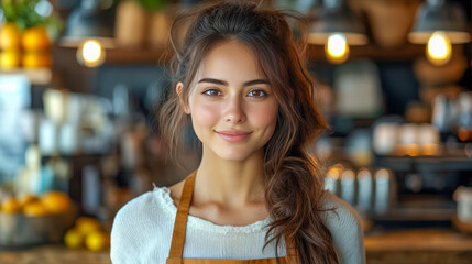 Obraz premium Smiling young hispanic woman barista in cozy coffee shop with warm lighting