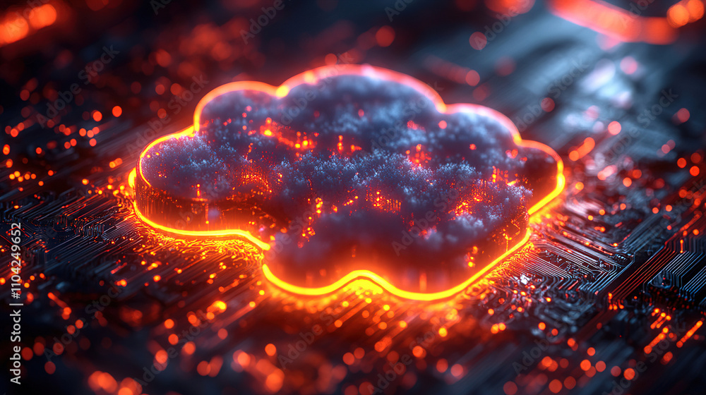 Aufkleber digital cloud with glowing edges positioned on a high-tech circuit board at night emitting vibrant l