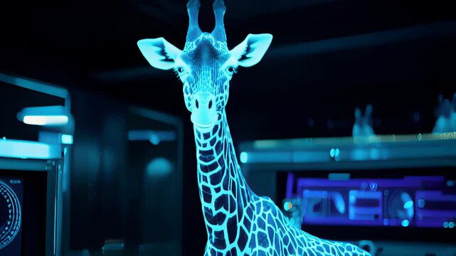 A vibrant neon giraffe stands in a high-tech laboratory setting, illuminated by blue futuristic lighting.