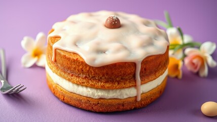 Delightful cake with icing and fresh flowers arranged on a colorful table