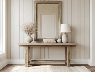 A warm and inviting entryway with a wooden console table, a large mirror above it, and a soft rug. The space should feel welcoming and organized with neutral tones and soft lighting.