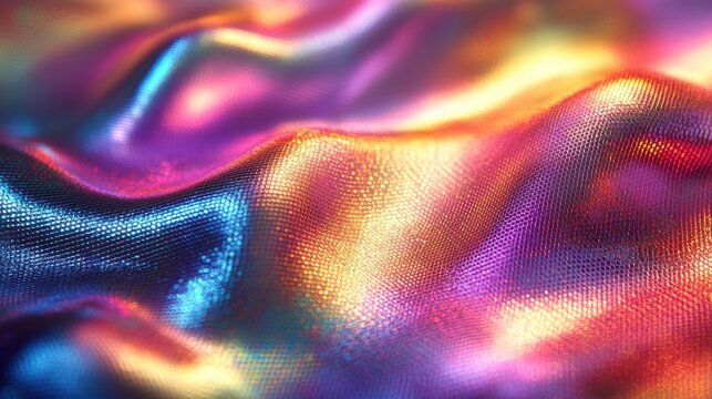 A vibrant, iridescent fabric with soft, flowing waves. The colorful sheen and intricate texture create a mesmerizing and luxurious appearance, inviting visual exploration.