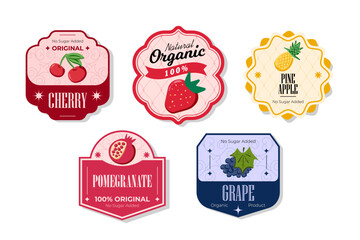 Retro fruits banner and labels. Different juices stickers. Packaging tags with grape, pomegranate, pineapple, cherry. Set of seasonal fruits labels stickers and marks or badges template for packaging