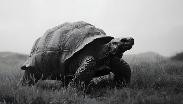 A majestic Galapagos tortoise makes its way across a misty, grassy landscape.  Its dark shell contrasts beautifully against the monochrome scene.
