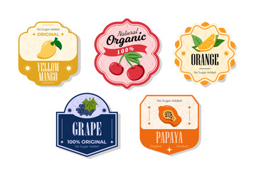 Retro fruits banner and labels. Different juices stickers. Packaging tags with yellow mango, orange, grape, papaya. Set of seasonal fruits labels stickers and marks or badges template for packaging