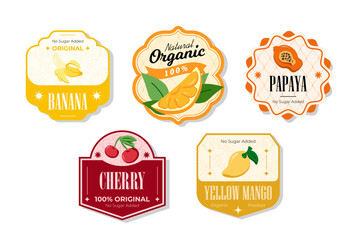 Retro fruits banner and labels. Different juices stickers. Packaging tags with papaya, yellow mango, cherry, banana. Set of seasonal fruits labels stickers and marks or badges template for packaging