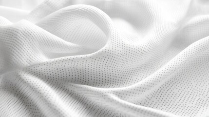 A smooth, white fabric gracefully draped in soft waves. Its delicate texture and subtle polka dots create an elegant and airy feel, inviting a sense of serenity and sophistication.