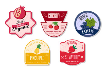 Retro fruits banner and labels. Different juices stickers. Packaging tags with strawberry, grape, pineapple, cherry. Set of seasonal fruits labels stickers and marks or badges template for packaging