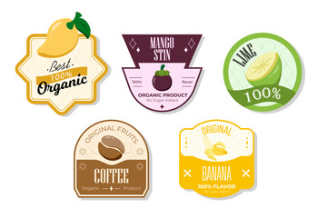 Retro fruits banner and labels. Different juices stickers. Packaging tags with coffee, banana, lime, mangostin. Set of seasonal fruits labels stickers and marks or badges template for packaging