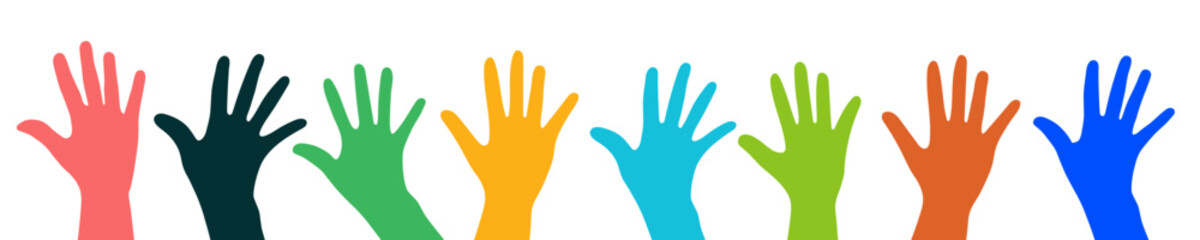 Hands up with different skin color. Index, middle, ring, little fingers and thumb. Colorful vector illustration