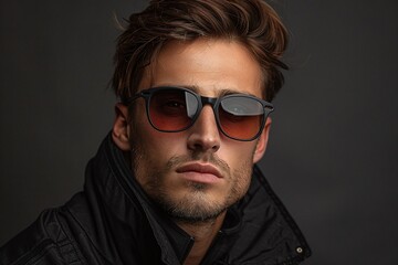 Obraz premium Close-up portrait, man wearing rectangular sunglasses, dark background, layered jacket, sleek and confident style, bold and modern look, trendy fashion accessory, minimalistic composition