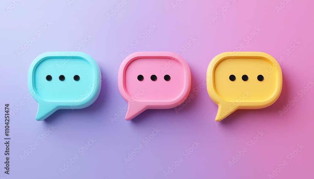 Poster 3d speech bubbles symbol on social media with pastel colors: comment threads, mentions, and user rep