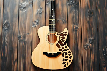 Fototapeta premium Acoustic guitar with unique cutout design on wooden background