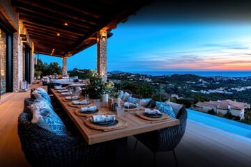 Fototapeta premium This image captures a luxurious outdoor dining setup with stunning sunset views, featuring elegant table settings, lush greenery, and an exquisite ambiance for entertaining guests.
