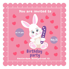 invite birthday party  first, banny white, pink backgrond, rabbit, heart.