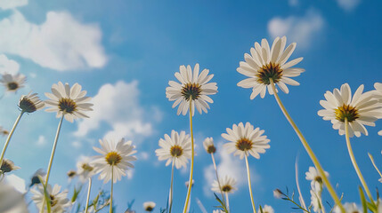 Vibrant white daisies bloom amidst a clear blue sky with soft clouds