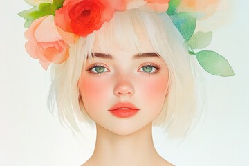 Woman with white hair, vibrant flower crown, isolated on white, artistic minimalistic portrait, delicate feminine beauty, soft pastel aesthetic

