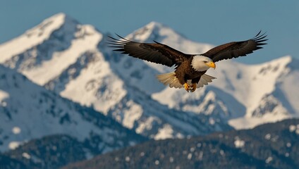 Fototapeta premium Bald eagle soaring over snow-capped mountains.