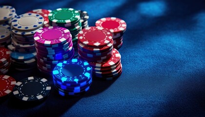 Top View Of Casino Led Roulette And Blackjack Glow Holdem Internet Layout With Neon Chip And Ace Bet On Blue Playing Fabric.