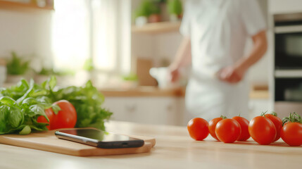 Experienced chef creating a dish with fresh tomatoes and basil, with a smartphone on the kitchen counter