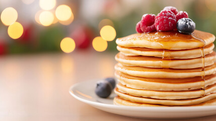 Festive christmas breakfast: fluffy pancakes with fresh raspberries, blueberries, and maple syrup drizzle stacked high