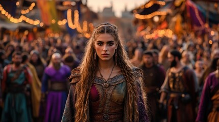 Obraz premium A striking image of a powerful warrior woman stands confidently in a vibrant market, surrounded by a crowd, embodying strength and cultural richness in every detail.