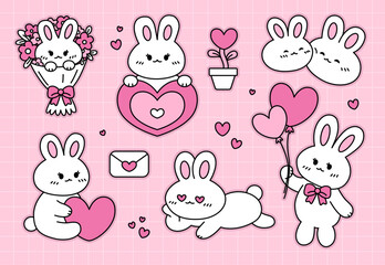 Set of cute bunnies. Sticker pack. Hand drawn vector illustrations. Symbol of love. Valentine's day.