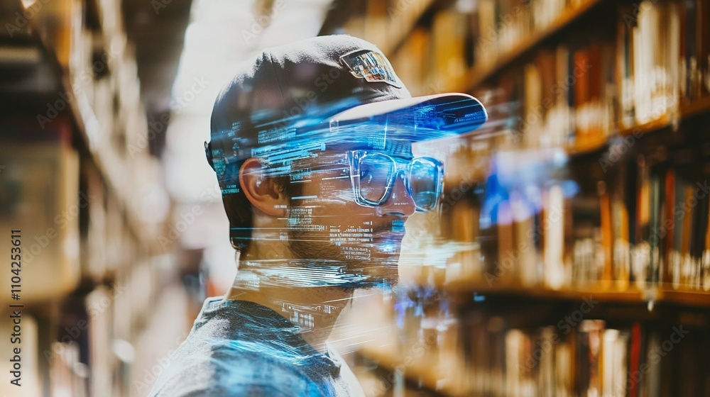 Aufkleber a library where books read themselves their stories emerging as three-dimensional holograms that int