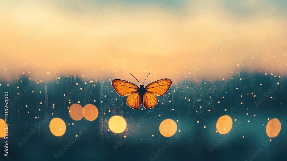 Poster A stunning butterfly perched on a window, surrounded by soft evening light and raindrops, creating a serene and enchanting atmosphere.