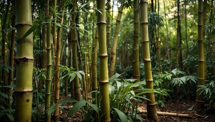 Bamboo shoots growing in a lush garden.