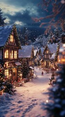 Fototapeta premium Charming houses are beautifully illuminated with warm lights, surrounded by a serene blanket of snow, creating a festive atmosphere on Christmas night