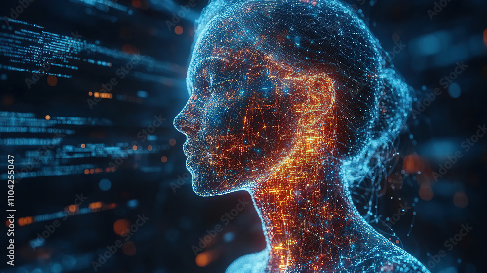Aufkleber digital art featuring a woman's silhouette illuminated with glowing connections and data streams in 