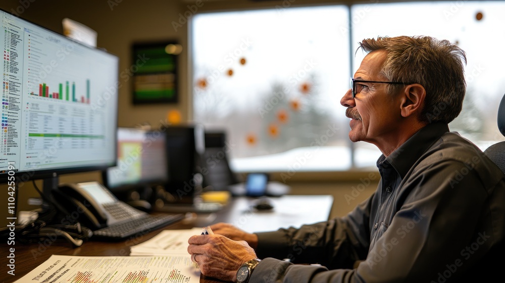 Poster focused professional analyzing data on computer in modern office environment