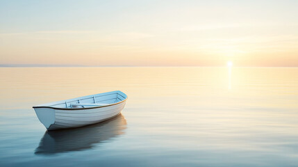 Small white wooden boat floating on calm water during a beautiful sunset, creating a serene and peaceful atmosphere