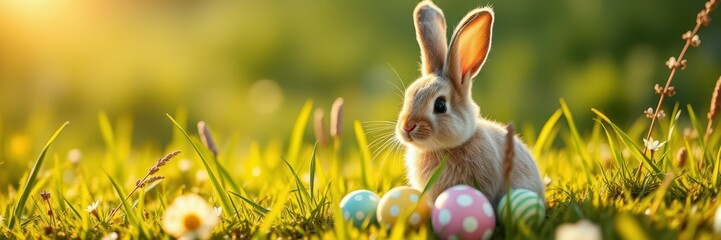 Cute rabbit sitting on grass surrounded by colorful Easter eggs during a sunny afternoon in a vibrant spring meadow