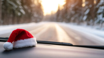 Santa hat adorning a car dashboard during wintertime drive at sunset, bringing holiday cheer and festive vibes