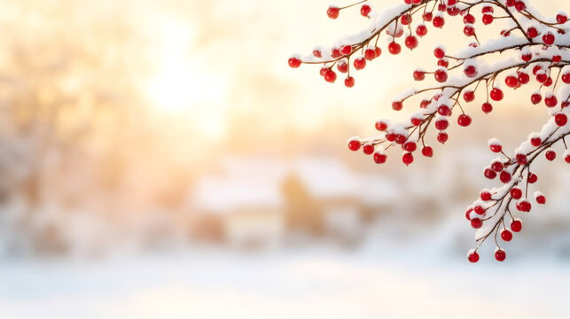 Red berries on a snow-covered branch at a stunning winter sunset, evoking a peaceful and festive ambiance