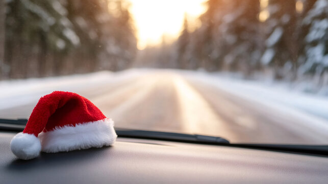 Santa hat adorning a car dashboard during wintertime drive at sunset, bringing holiday cheer and festive vibes