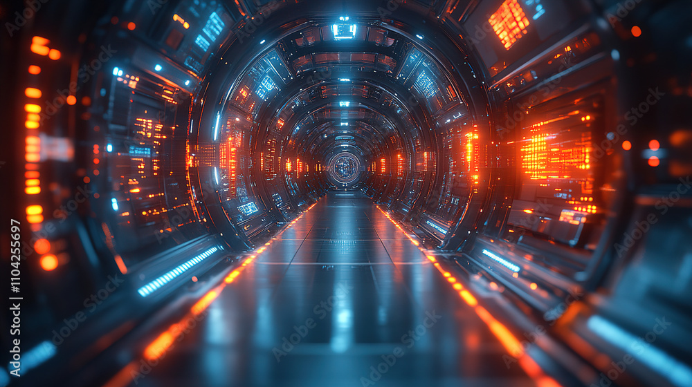 Poster futuristic corridor with glowing lights and high-tech panels in a sci-fi environment. generative ai