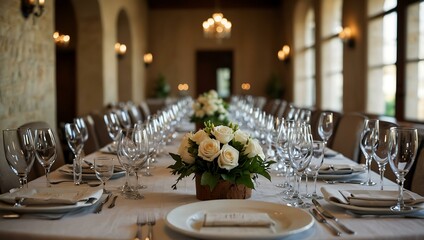 Banquet table with elegant place settings.