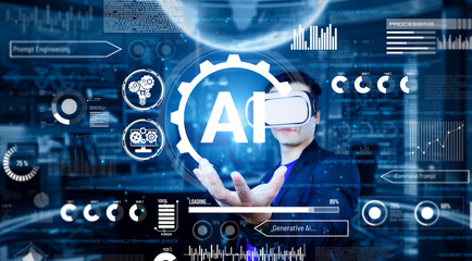 Smart project manager holding at AI chat hologram and wearing headset at modern office. Professional businessman working on augmented reality goggles with blurring background. Technology. Ingenuity.