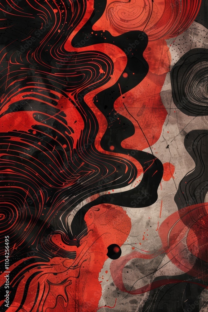 Poster abstract art depicting intense chaos with swirling red and black patterns for creative design