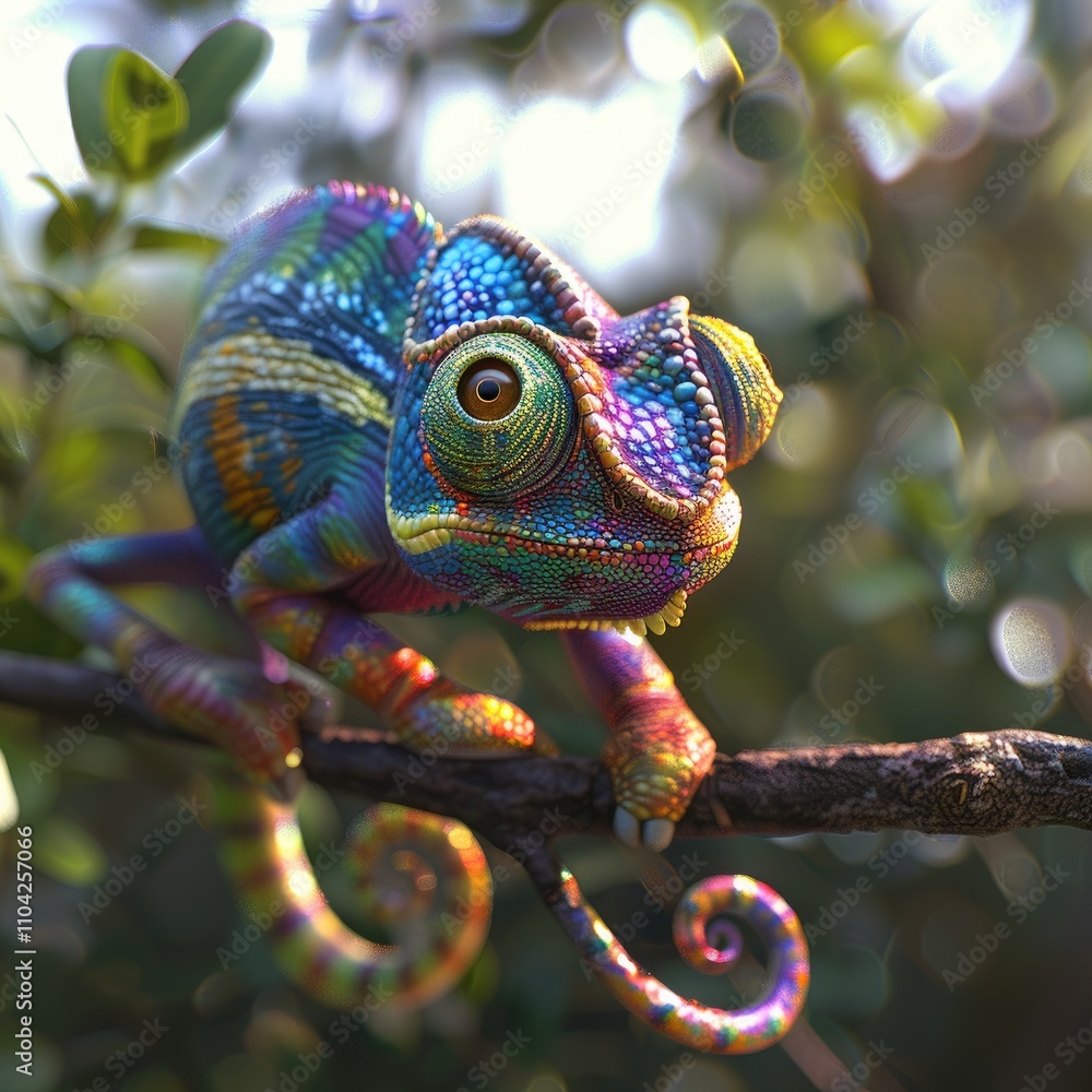 Poster a colorful chameleon perched on a branch, showcasing vibrant patterns and textures.